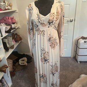 Free People Cream Ruched Gown with Bishop Sleeves